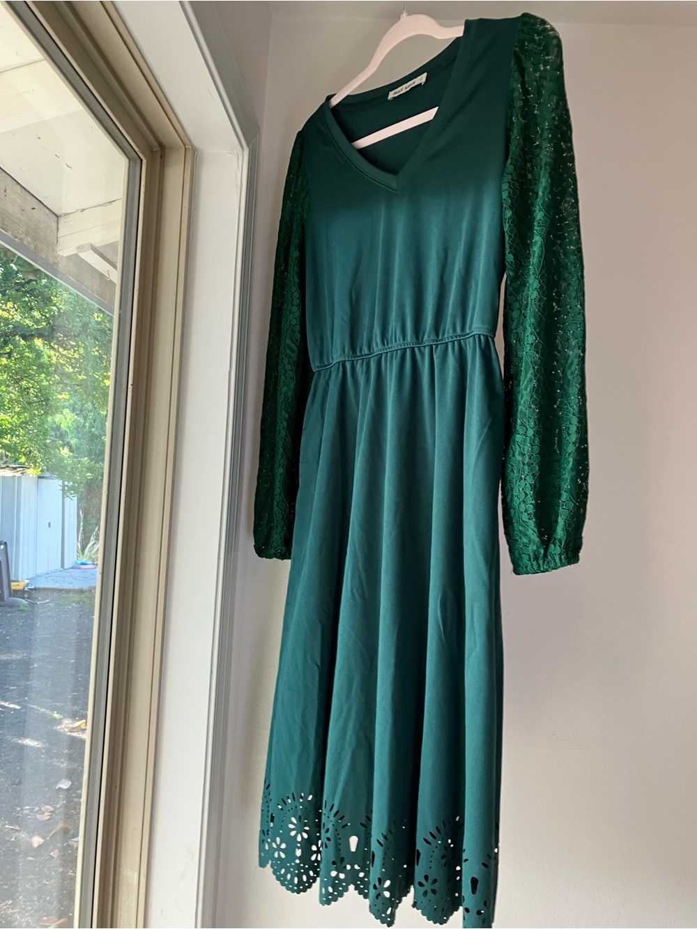 Grace Karin Emerald Green Long Sleeve Midi Dress with Lace Sleeves